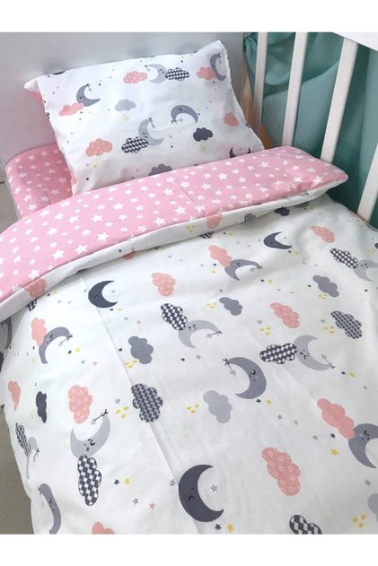 Cotton Kids Teenager Single Duvet Cover Set Pink Gray Moon Cloud
