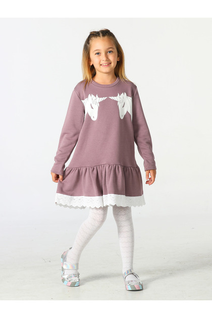 Unicorns Dantelli Lila Kız Çocuk Elbise