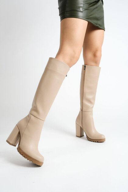 Mbzfr5013D-N Women's Nude Thick Heeled Zippered Long Boots