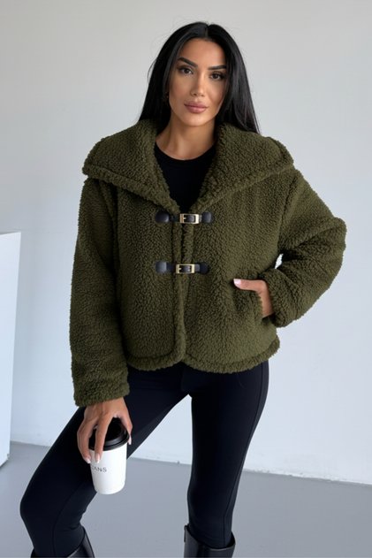 Peluş Deri Tokalı Geniş Yakalı Mont Haki KS2502