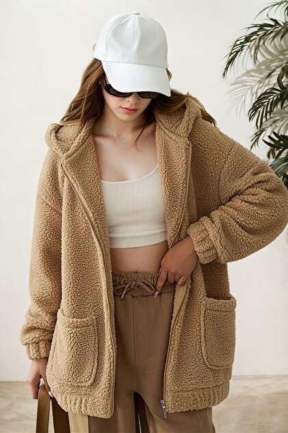 hiramir Peluş Kuzu Kıvırcık Torba Cepli Kolej Mont Camel KS2526