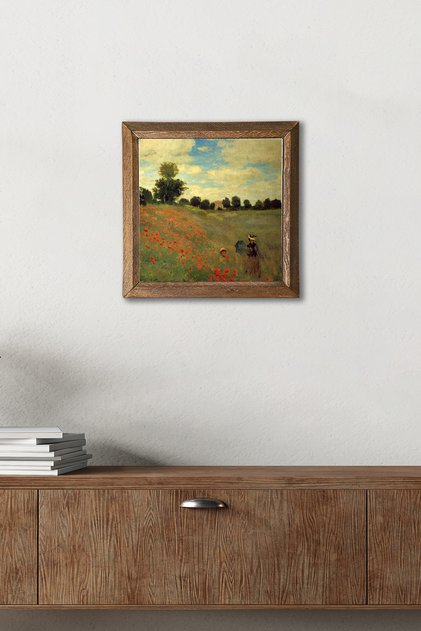 Claude Monet Gelincikler Ahşap Çerçeveli Taş Duvar Tablosu – 25x25 cm Ev ve Ofis Dekoru |W1-247|