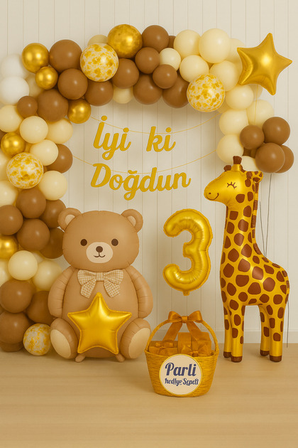 Bear and Giraffe Themed Birthday Party Set | Gold Balloons, Balloon Chain, and Happy Birthday Lettering