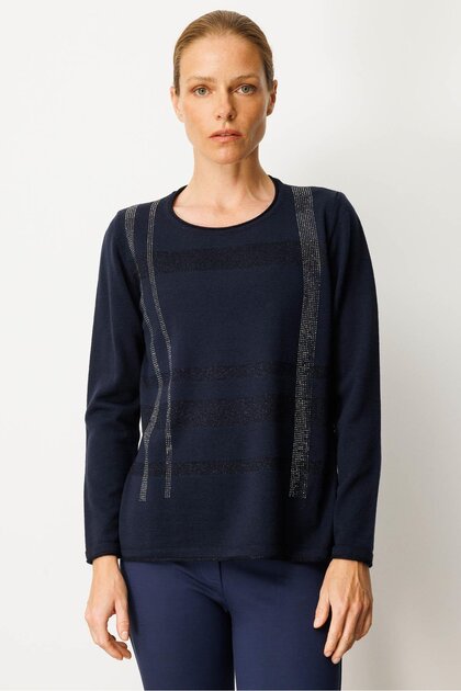 Women's Crew Neck Glitter Striped Stone Wool Blouse Dark Blue