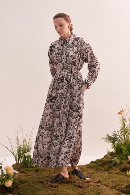 Women's Patterned Oversize Shirt Dress Black Floral Pattern