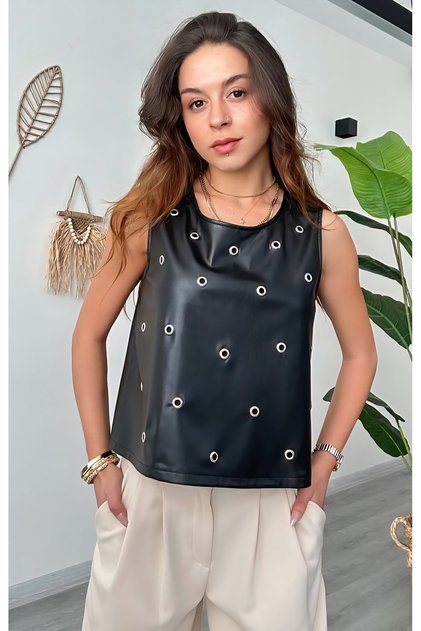 Faux Leather Blouse with Bird Eye Detail