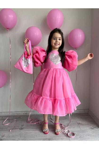 Girl's Pink Heart and Ruffle Detailed Karolin Princess Birthday Evening Dress + Bag + Buckle