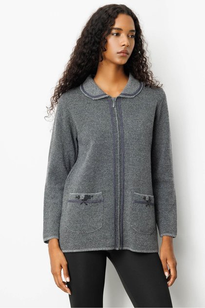 Women's Polo Neck Pocket Embroidered Wool Cardigan Smoked