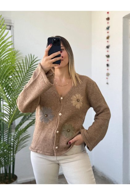 Floral Detail Spanish Sleeve Coffee Women's Cardigan