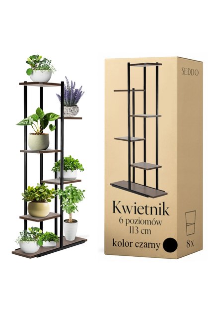 Suport metalic pentru flori, 6 rafturi, negru, modern, 113 cm, tip mansardă