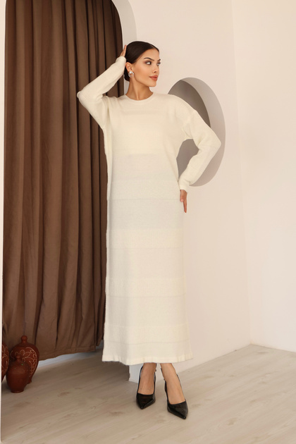 Round Crew Neck Low Long Sleeve Thessaloniki Knitted Detailed Ankle Length Soft Winter Knitwear Dress