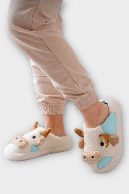 Embroidered Non-Slip Sole Winter Unisex House Slippers with Cow Figure White - Turquoise