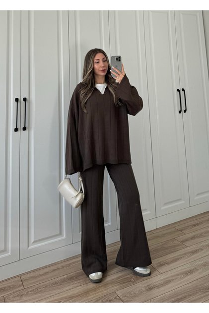 Women's New Season Quality Polo Neck Ribbed Knitwear Set