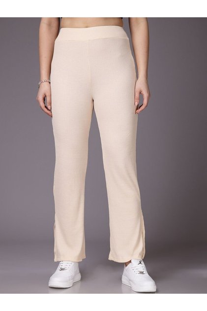 Women Cream Ribbed Solid Trousers