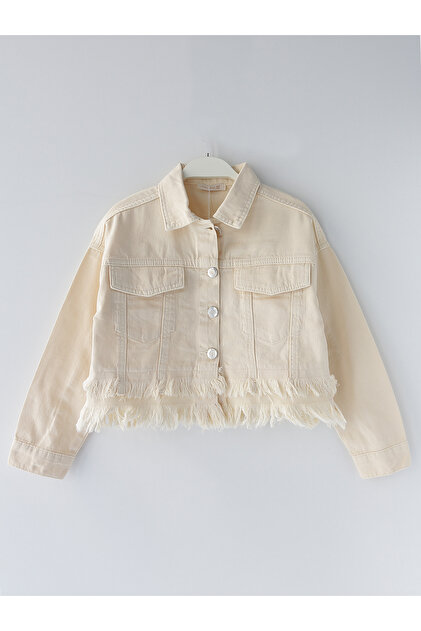 Püskül Detaylı Kız Çocuk Kısa Denim Ceket Kız Crop Kot Mont Ekru