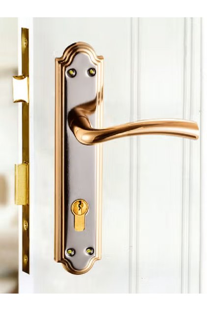Pair of door handles with locking slot, Italian made, gold/silver color
