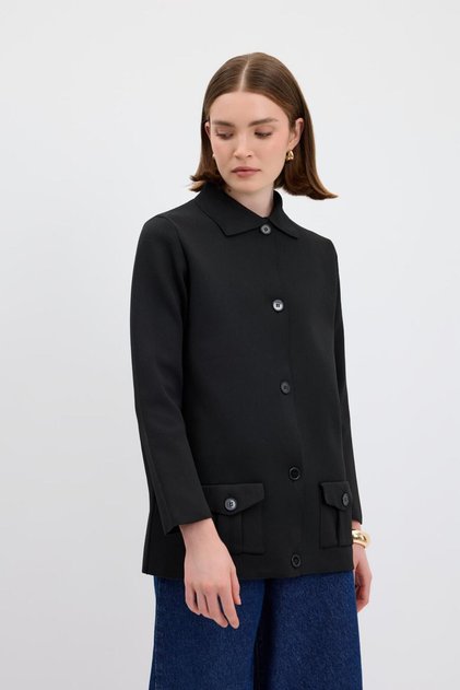Solid Color Pocketed Knitwear Cardigan Black