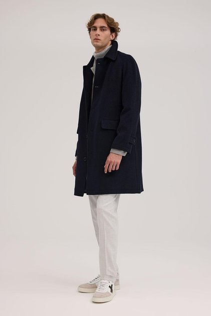 Navy Blue Comfort Fit Baby Collar Wool Coat