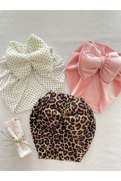 Baby Girl Bow Bonnet Set 3-Piece Mixed Pattern / Leopard, Polka Dot and Pink Velvet / Baby Girl Gift