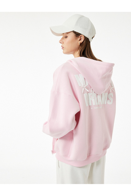 Koton Şardonlu Fermuarlı Arkası Baskılı Cep Detaylı Kapüşonlu