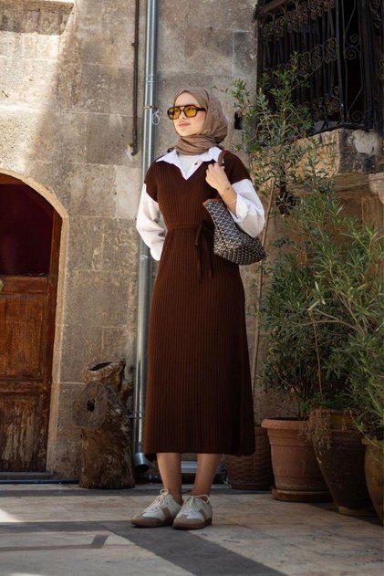 Teacher's Sleeve Collar Shirted Ribbed Dress Brown
