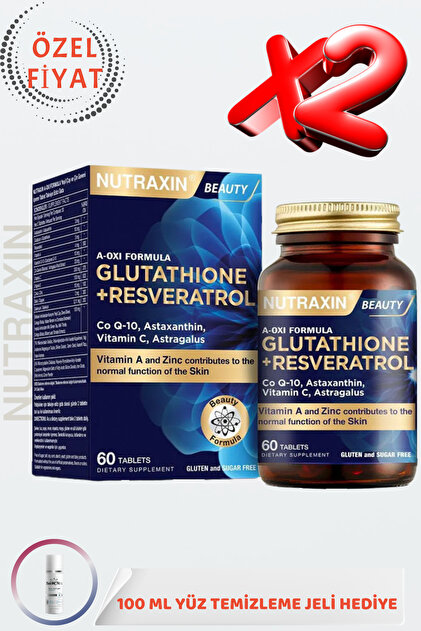 nutraxin glutathione resveratrol Nutraxin A-Oxi Formula Glutathione+Resveratrol astaksantin koenzim Q-10 12  farklı formül (2 ADET)+ Jel HEDİYE