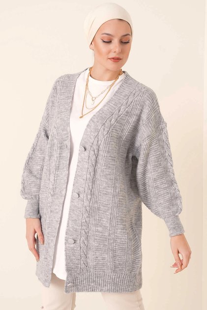 Women's Light Grey Hair Weave Pattern Long Buttoned Relaxed Fit Knitwear Cardigan Hzl23W-Bd1100691