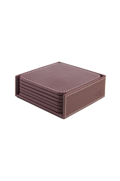 Coasters, Set of 6, Desktop Square Cup Coaster, Vegan Faux Leather, 11X11 Cm., Burgundy