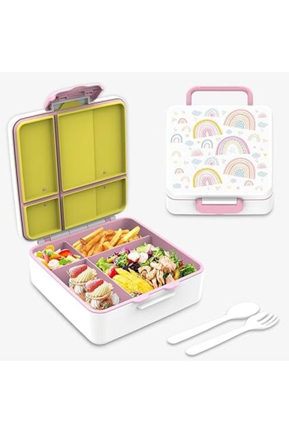 Bento Lunch Box for Kids – Rainbow Print, 4 Compartments with Utensils, Leakproof, Insulated, Micr
