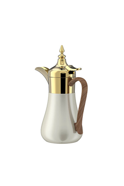 دله قهوة استيل لون ذهبي + بيج بمسكة لون خشبي - 0.5L