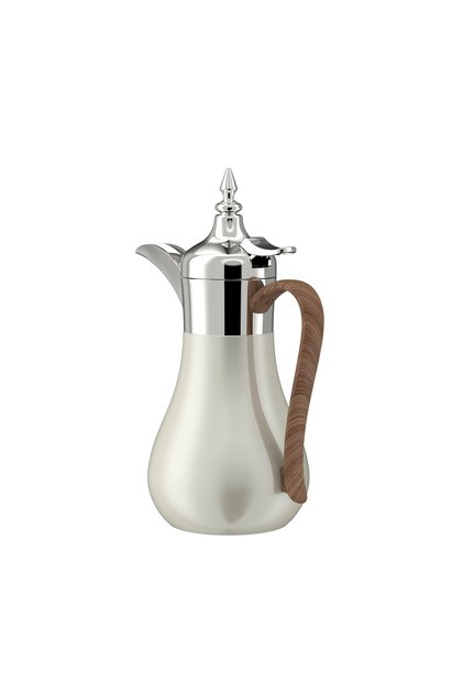 دله قهوة استيل لون أبيض لؤلؤ + بيج بمسكة لون خشبي - 0.7L