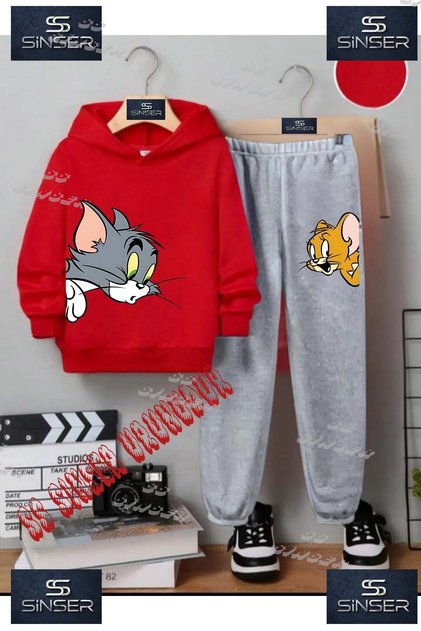 Children's Unisex Printed Hoodie and Sweatpants Set with the Text: "Tom and Jerry Heads on Fire"