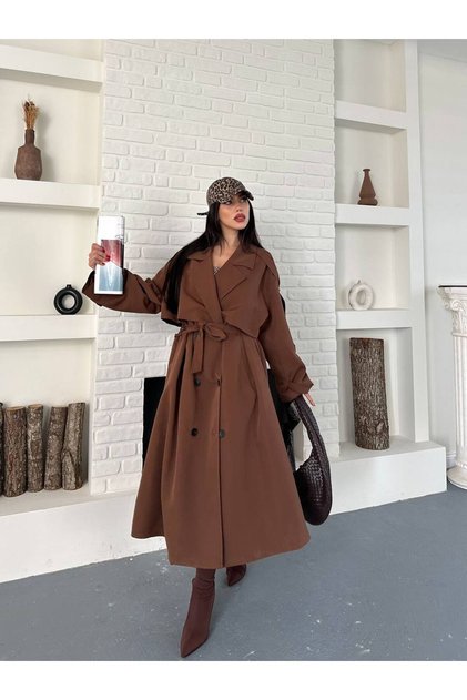 Uzun Dökümlü Kuşaklı Oversize Trençkot
