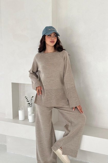 Reglan Sleeve Basic Slit Detailed Knitwear Bottom-Top Set Aw25Au0008