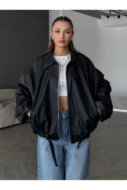 Women's Oversized Leather Jacket – Oversized Relaxed Fit, Zippered Belt Detail Everyday Women's Jacket