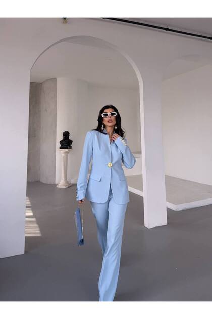 Gold Single-Button Mock Neck Two-Piece Blazer Set