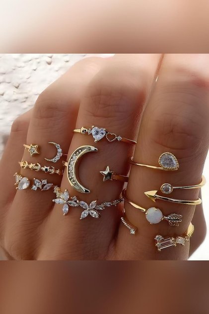 9-Piece Stone Combination Moon Star Butterfly Arrow Heart Design Gold Ring Set
