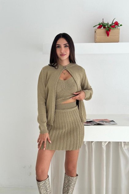 Basic Mini Length Skirt Blouse Cardigan Knitwear Bottom-Top Set Aw25Au0009