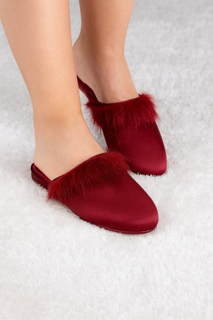 Women's Burgundy Furry Heelless Lelin Dowry House Slippers Q2L4K5Ck