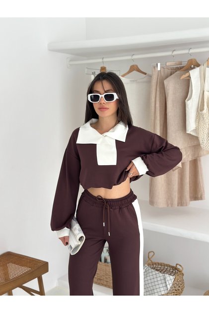 Women's Tracksuit Set, Shawl Collar, Modal Fabric, Side Stripe Detail, Elastic Waist, Lace-Up