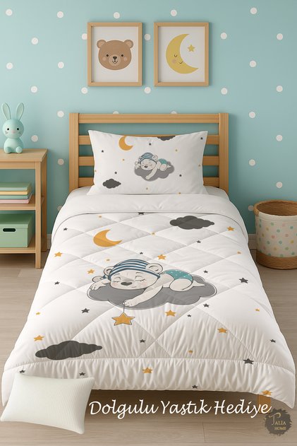 Sleeping Bear Patterned Single Children's Quilt Sleeping Set Tlag-091