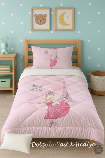 Pink Paris Eiffel Tower Patterned Single Children's Quilt Sleeping Set Tlag-159