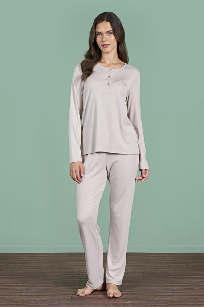 Women's Mink Color Half Button Long Sleeve Round Neck Pajama Set C2T4N91