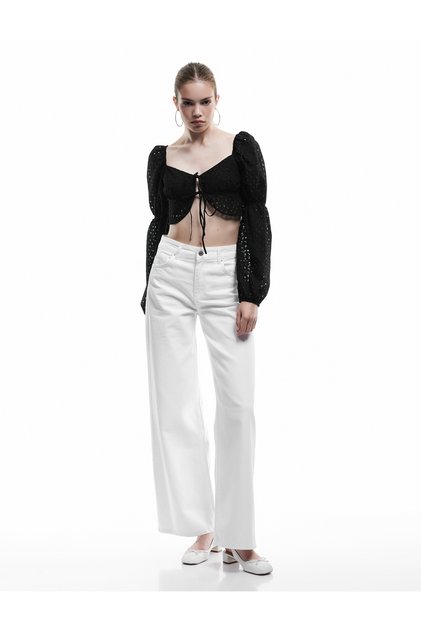 Balloon Sleeve Tie Neck Long Sleeve Fishtail Crop Blouse