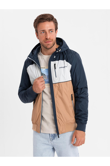 Jachetă sport bărbătească ușoară, colorată, cu fleece, maro și bleumarin OM-JANP-0194