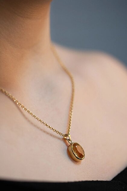 14 K Gold Kaplama 925 Ayar Gümüş Doğal Sitrin Oval Sevgiliye Kolye