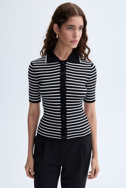 Women's Black Striped Polo Collar Button Detailed Knit Sweater