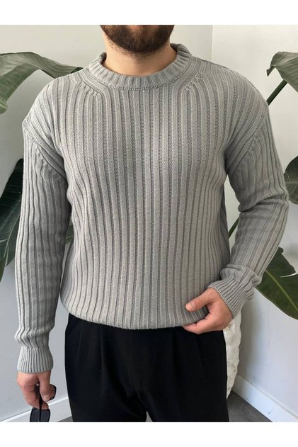 Men's Oversized Lightweight Loose Knitwear Self-Striped Crew Neck Knitted Sweater