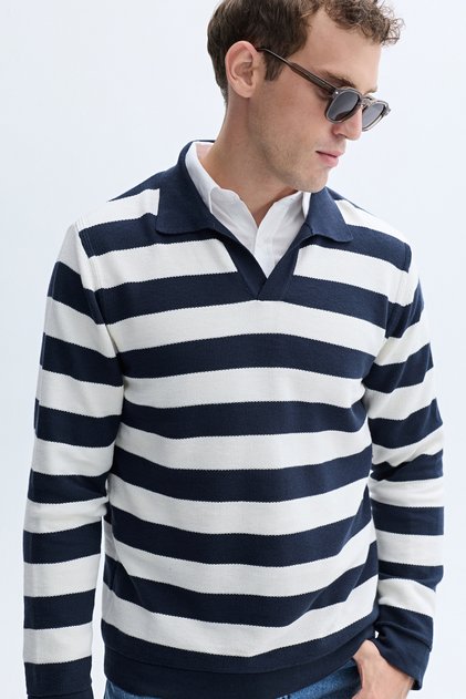 Men's Navy Blue Color Blocked Polo Collar Knit Sweater