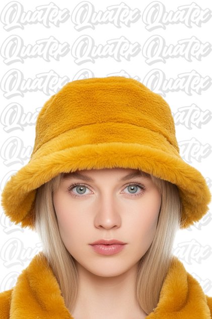 Plush Winter Bucket Hat - Yellow 100% Plush Fabric Unisex Model